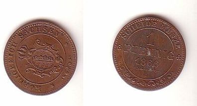 1 Pfennig Kupfer Münze Sachsen 1866 B vz