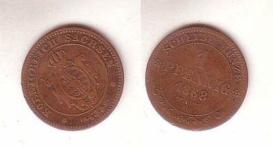 1 Pfennig Kupfer Münze Sachsen 1868 B f. ss