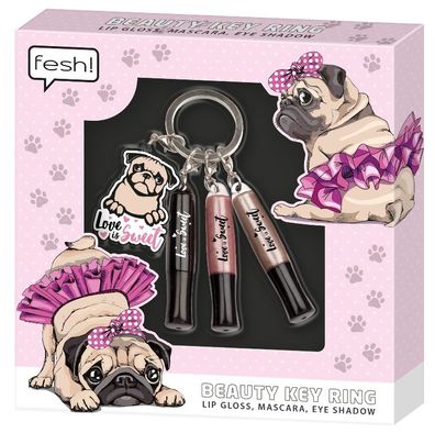 fesh! Beauty keyring Schlüsselanhänger Hund Mops Lipgloss, Mascara, Lidschatten