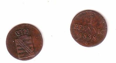 1 Pfennig Kupfer Münze Sachsen 1838 G s/ ss