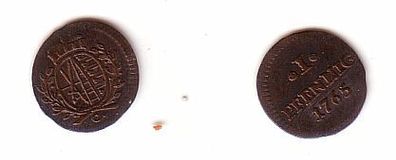 1 Pfennig Billon Münze Sachsen 1765 C vz