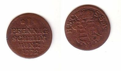1 Pfennig Kupfer Münze Sachsen Coburg Saalfeld 1772 s/ ss