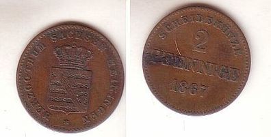 2 Pfennige Kupfer Münze Sachsen Meiningen 1867 ss