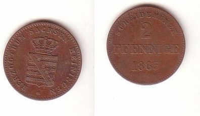 2 Pfennige Kupfer Münze Sachsen Meiningen 1865 ss