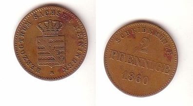 2 Pfennige Kupfer Münze Sachsen Meiningen 1860 f. ss