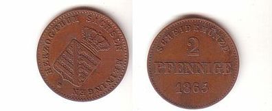 2 Pfennige Kupfer Münze Sachsen Meiningen 1865 ss+