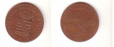 2 Pfennige Kupfer Münze Sachsen Meiningen 1865 f. ss