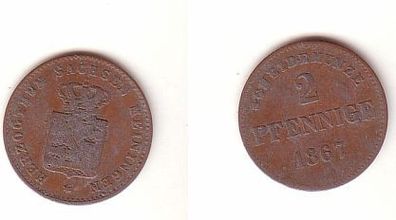 2 Pfennige Kupfer Münze Sachsen Meiningen 1867 s/ ss