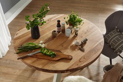 Wohnling Esszimmertisch rund Ø 120 cm Akazie Massiv-Holz Esstisch Küchentisch