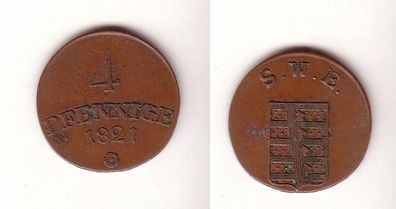 4 Pfennige Kupfer Münze Sachsen Weimar Eisenach 1821 ss+