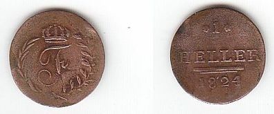 1 Heller Kupfer Münze Sachsen-Hildburghausen Herzogtum 1824 s/ ss