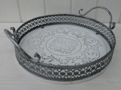 Deko Tablett Romantica rund 28 cm weiß Metallrand grau Shabby Chic Landhaus Stil
