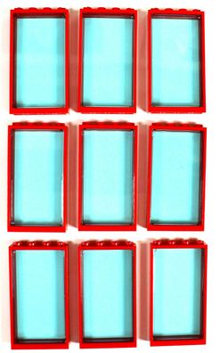 LEGO® Fenster 1x4x6 Rahmen rot / mit glaseinsatz blau / 9 Stück