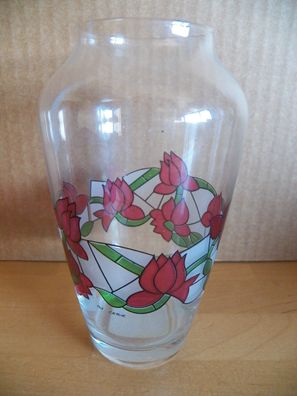 Vase aus Glas mit roten Blumen ca 16 cm hoch By Cerve