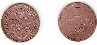 1 Pfennig Kupfer Münze Sachsen Altenburg 1861 B f. ss
