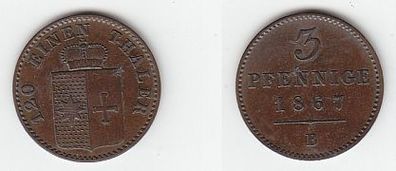 3 Pfennige Kupfer Münze Waldeck Pyrmont 1867 B f. vz