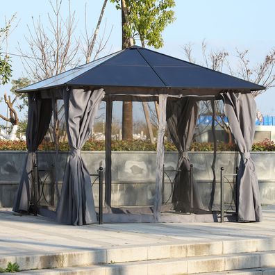 Outsunny® Pavillon Gartenpavillon Partyzelt mit Seitenteilen PC Dach Alu Schwarz