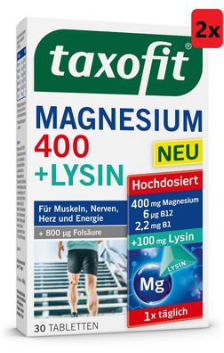 taxofit® Magnesium 400 + Lysin 2x 30 Tabletten Muskeln Nerven Herz Energie