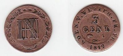 3 Cent Kupfer Münze Königreich Westfalen 1812 s/ ss