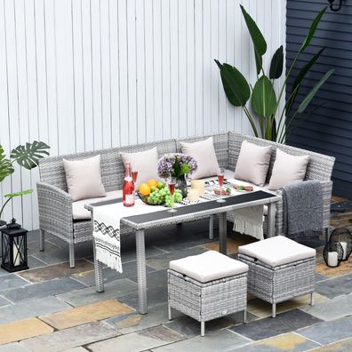 Outsunny® 5-tlg. Gartenmöbel Set Rattan Sitzgruppe mit Esstisch 2 Fußhocker Metall