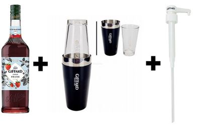 Giffard Set Erdbeeren Sirup 1L + Boston Shaker zweiteilig aus Metall & Glas + D