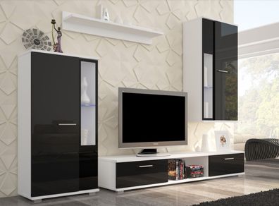 Moderne Wohnwand Schrankwand individuell schwarz Glanz weiß