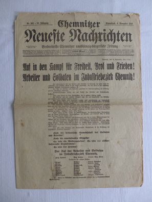 original Zeitung Chemnitzer Neueste Nachrichten 9.11.1918 Novemberrevolution