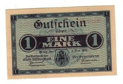 1 Mark Banknote Groß-Notgeld der Städte Greiz Zeulenroda 1918