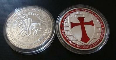 1 oz Tempelritter Medaille Neusilber Farbedition Soldaten Christi in Kapsel