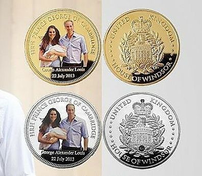 1 oz Medaille Royal Baby Prince George William & Kate versilbert o. vergoldet