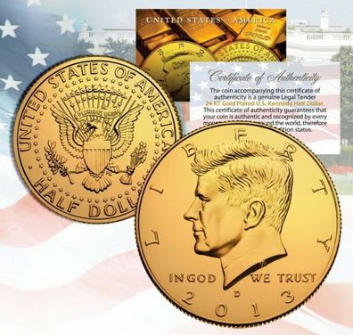 John F. Kennedy JFK Half 0,5 Dollar Münze 2013 Gilded mit 999 Gold veredelt