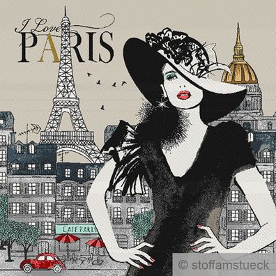 Stoff Kissen Panel Polyester Baumwolle Gobelin beige Paris Madame 50 x 50 cm