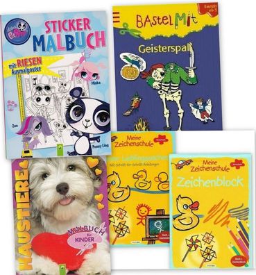 NEU! 4-tlg. Mal-Bastel-Buchpaket Kinder 4-5 Jahre Malen Basteln Stickern Lernen
