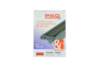 Piko H0 55402, 6 x gerades A-Gleis mit Bettung, G 119 mm, neu, OVP