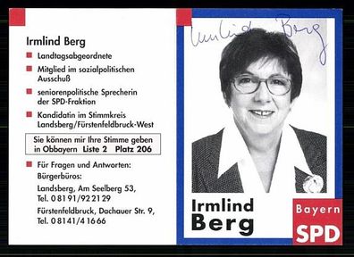 Irmlind Berg SPD Autogrammkarte Original Signiert + 9430
