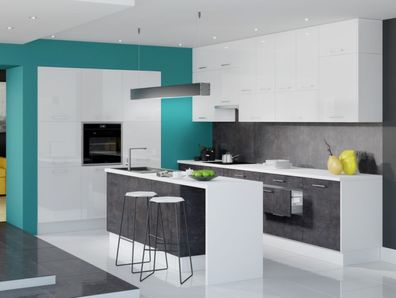 Küche Küchenzeile weiß Glanz / grau Beton Küchenblock individuell stellbar