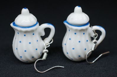 Kanne Ohrringe Miniblings Hänger Teekanne Kaffee Tee Porzellan Punkte blau