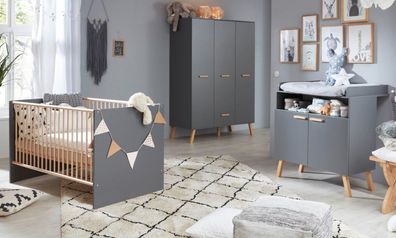 Babyzimmer komplett Set 3-tlg. grau / Buche Schrank Baby Bett Wickelkommode Mats