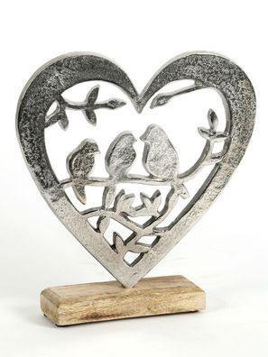 Herz mit Vögeln aus Metall auf Holz Sockel 27x25 cm Aufsteller Fensterdeko