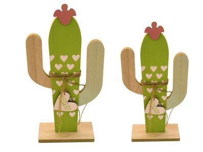 2er Set Holz Aufsteller Kaktus 21-29cm farbenfrohes Design Kakteen Holzdeko