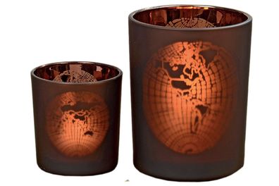 2er Set Glaswindlicht Weltkarte Windlicht Teelichthalter Glas Kerzenhalter Welt
