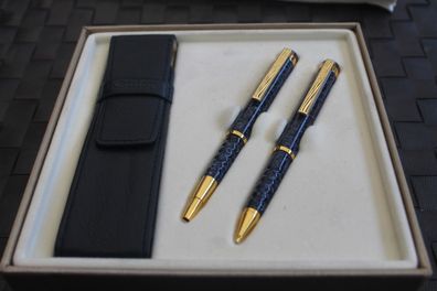 Schreibset 2teilig, blau-meliert, mit Ledermäppchen, Kugelschreiber und Bleistift