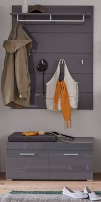 Flur Garderobe Set 2-tlg. Hochglanz grau mit Bank und Paneel 90 x 195 cm Amanda
