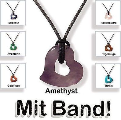 HERZ in Herz Edelstein Anhänger mit Band - Amethyst Tigerauge Rosenquarz uvm.