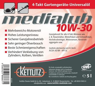 5 Liter Mineralisches Hochleistungsmotorenöl Kettlitz-Medialub 10W-30