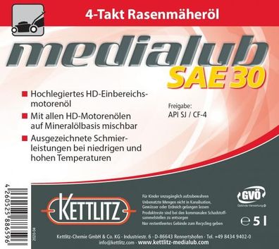 5 Liter Mineralisches 4-Takt Rasenmäheröl Kettlitz-Medialub SAE 30