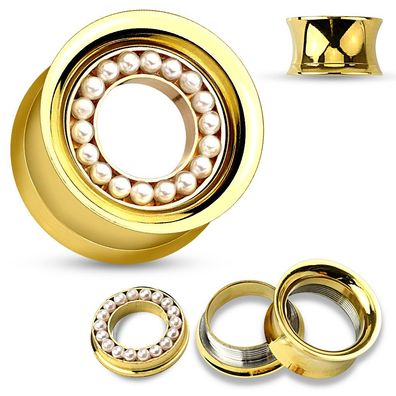 Flesh Tunnel - Gold Perle Inlay Plug Ohrring Ohrpiercing Piercing Zirkonia #297