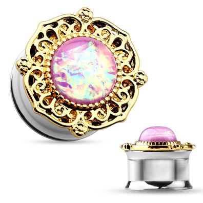 Plug - Flesh Tunnel Blume Opal Rosa Zirkonia Piercing Ohrpiercing Gold #291