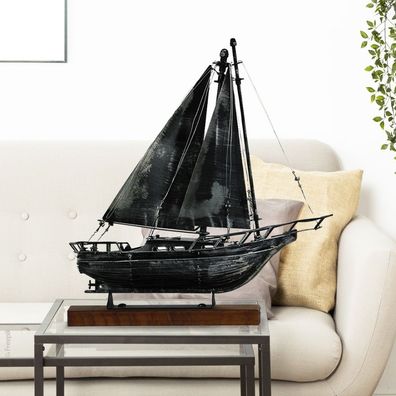 Segelyacht aus Metall, handgefertigt, auf Holzsockel, L: 41 cm H: 42 cm