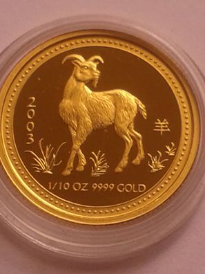 15$ 2003 PP Australien Lunar Ziege 1/10 Unze 3,11g 999er Gold in Münzdose